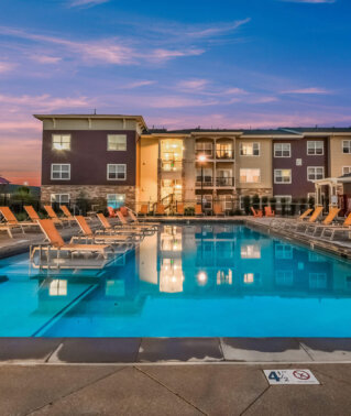Exterior twilight pool view